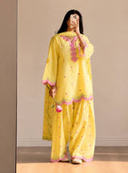 Women's Yellow Mal Chanderi Cotton Embroidered Kurta with Farshi Salwar and Dupatta Set