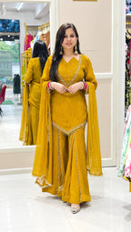 Festive Mustard Yellow Mirror Work Ethnic Sharara Suit