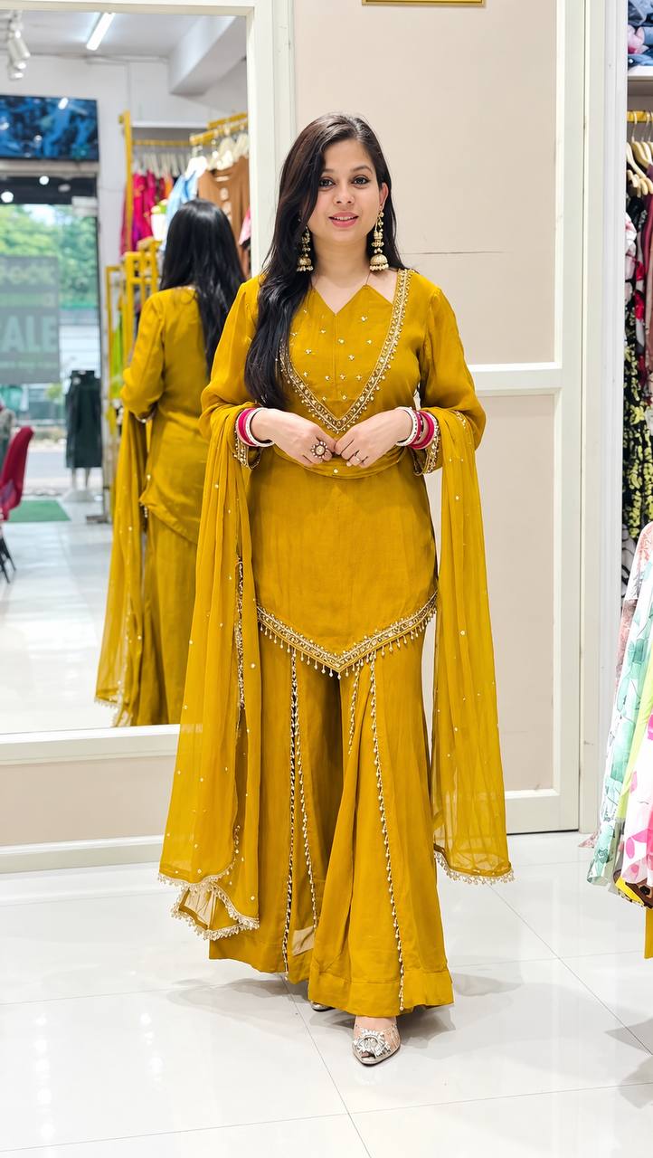 Festive Mustard Yellow Mirror Work Ethnic Sharara Suit