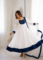 White Silk Blend Embroidered Flared Anarkali Gown Set With a Contrast Color Dupatta and Border