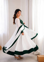 White Silk Blend Embroidered Flared Anarkali Gown Set With a Contrast Color Dupatta and Border