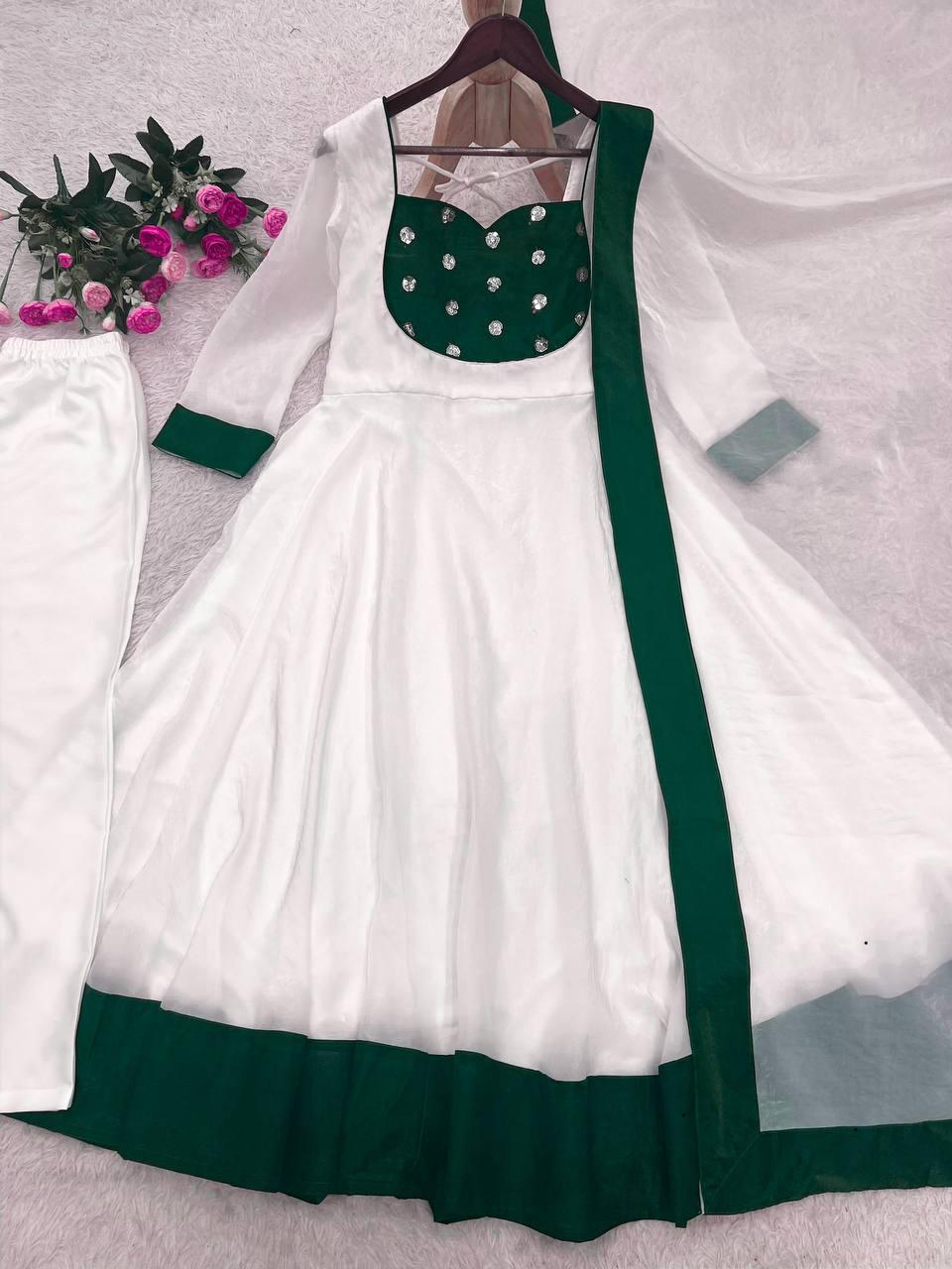 White Silk Blend Embroidered Flared Anarkali Gown Set With a Contrast Color Dupatta and Border