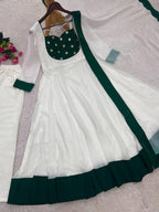 White Silk Blend Embroidered Flared Anarkali Gown Set With a Contrast Color Dupatta and Border