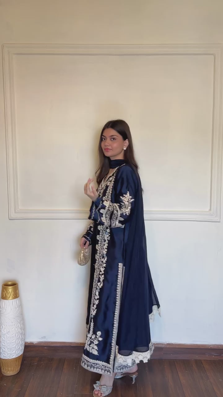 Navy Blue Satin Rayon Embroidered Oversized Long Kaftan Set