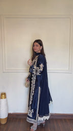 Navy Blue Satin Rayon Embroidered Oversized Long Kaftan Set