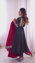 Maroon Roman Silk Embroidered Anarkali Suit Set with Scalloped Dupatta
