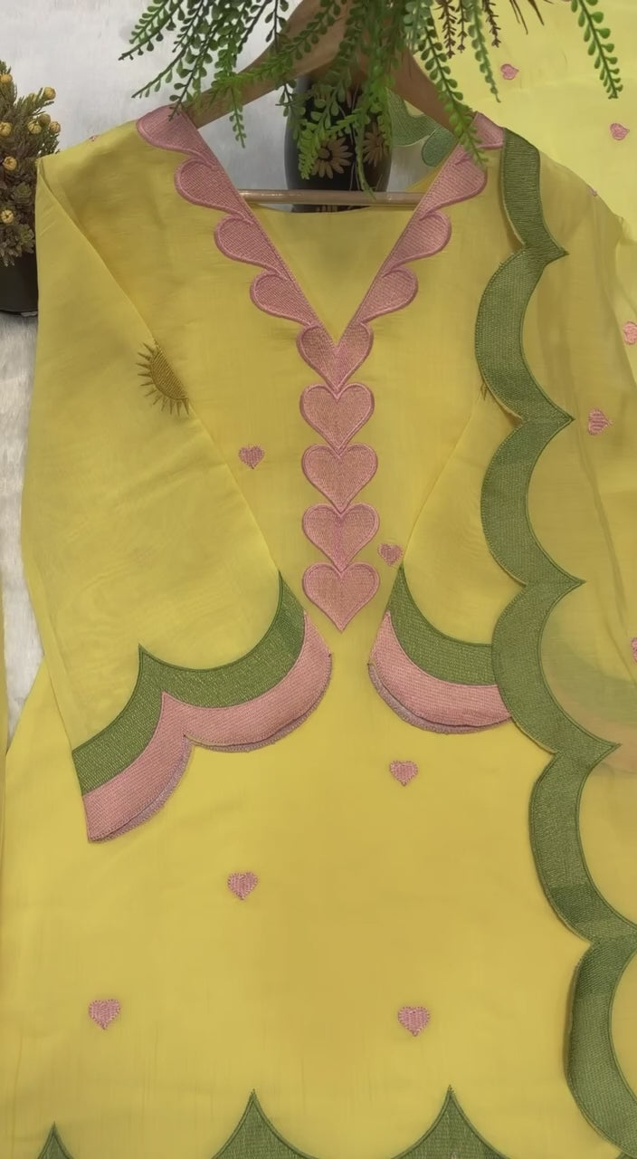 Women's Yellow Mal Chanderi Cotton Embroidered Kurta with Farshi Salwar and Dupatta Set