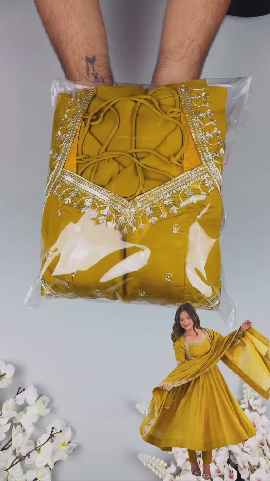 Festive Mustard Yellow Anarkali Gown with Embroidered Dupatta & Pants