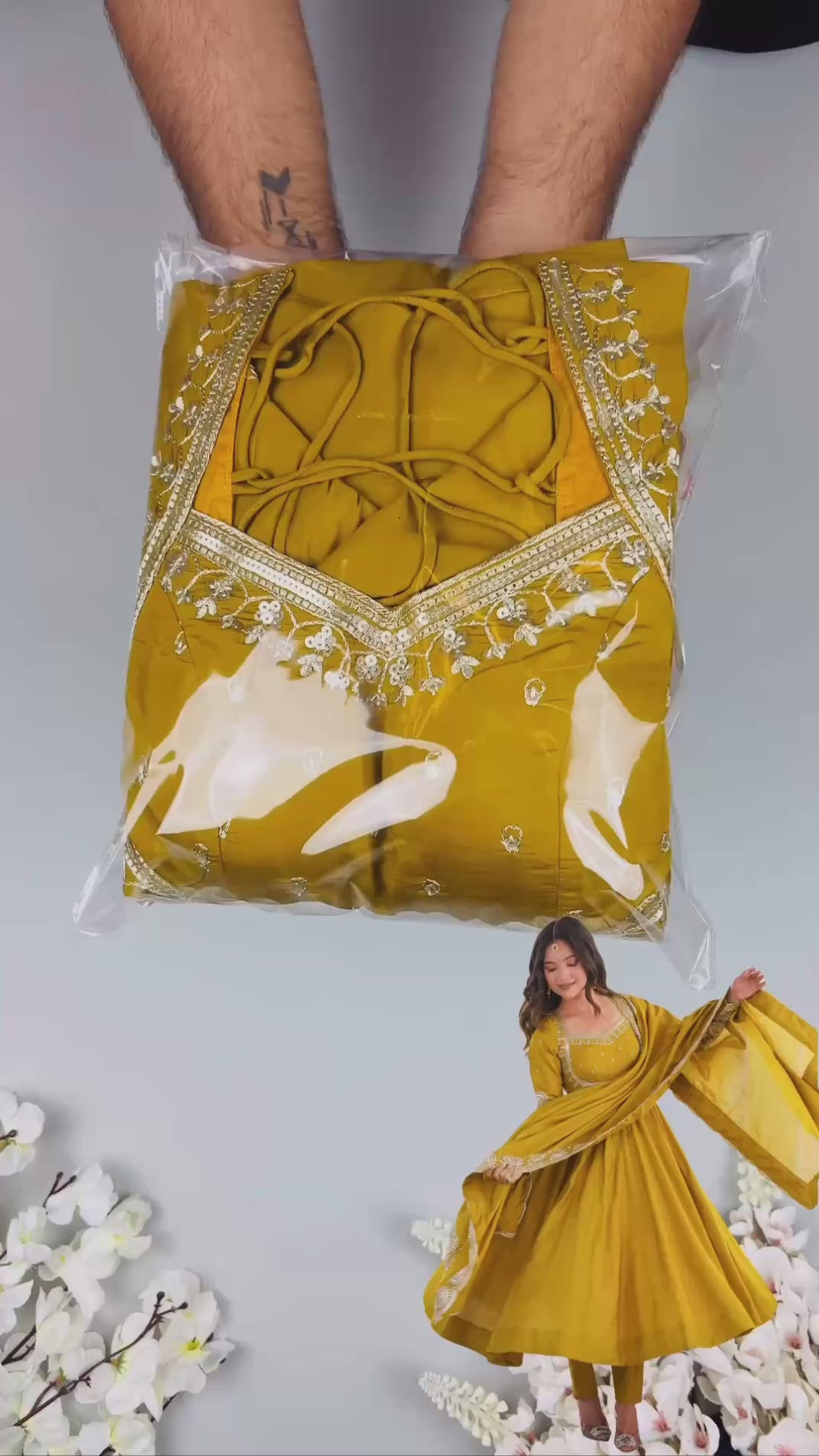 Festive Mustard Yellow Anarkali Gown with Embroidered Dupatta & Pants