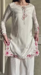 Ivory Crepe Silk Embroidered Sharara Set with Ombre Pink Dupatta