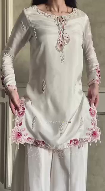 Ivory Crepe Silk Embroidered Sharara Set with Ombre Pink Dupatta