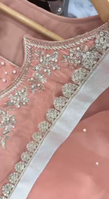 Blush Peach Roman Silk Heavy Embroidered Kurta and Farshi Shalwar Set