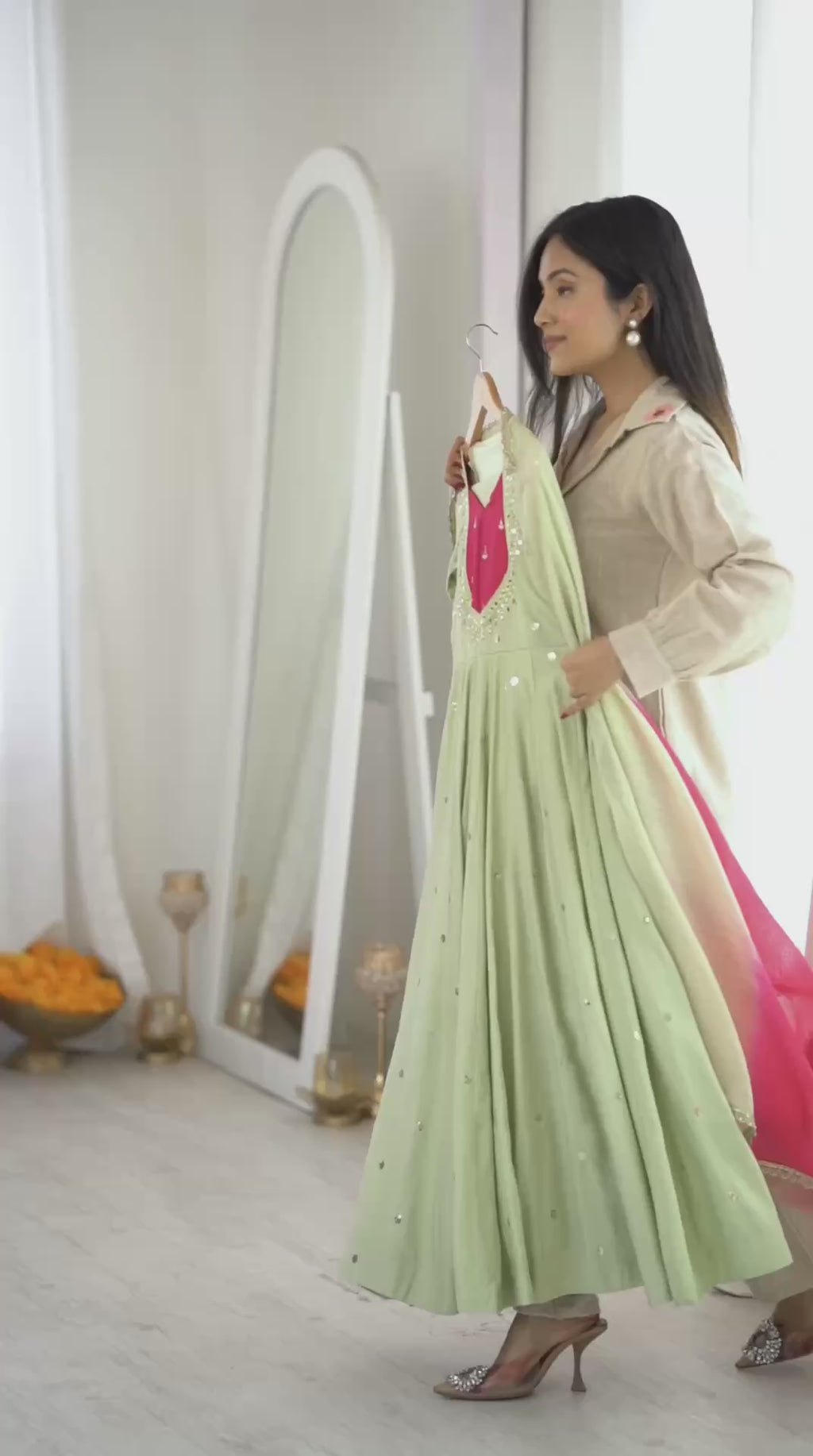 Sage Green Mirror Work Flared Anarkali Kurta with Pants & Dupatta