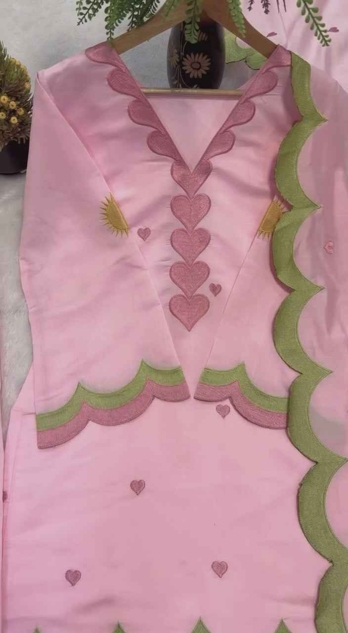 Designer Party Wear Pink Heart Thread Work Short Kurta with Farshi Salwar & Dupatta