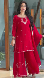 Scarlet Red Embroidered Georgette Salwar Suit Set