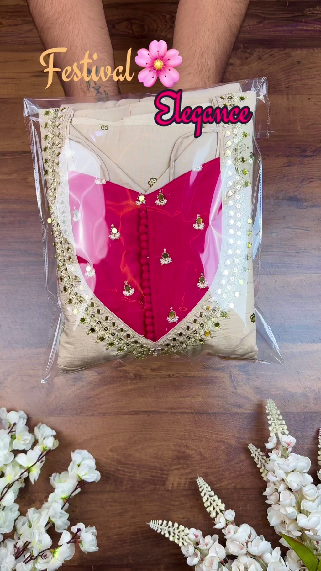 Beige Roman Silk Flared Anarkali Suit Set with Pink Dupatta
