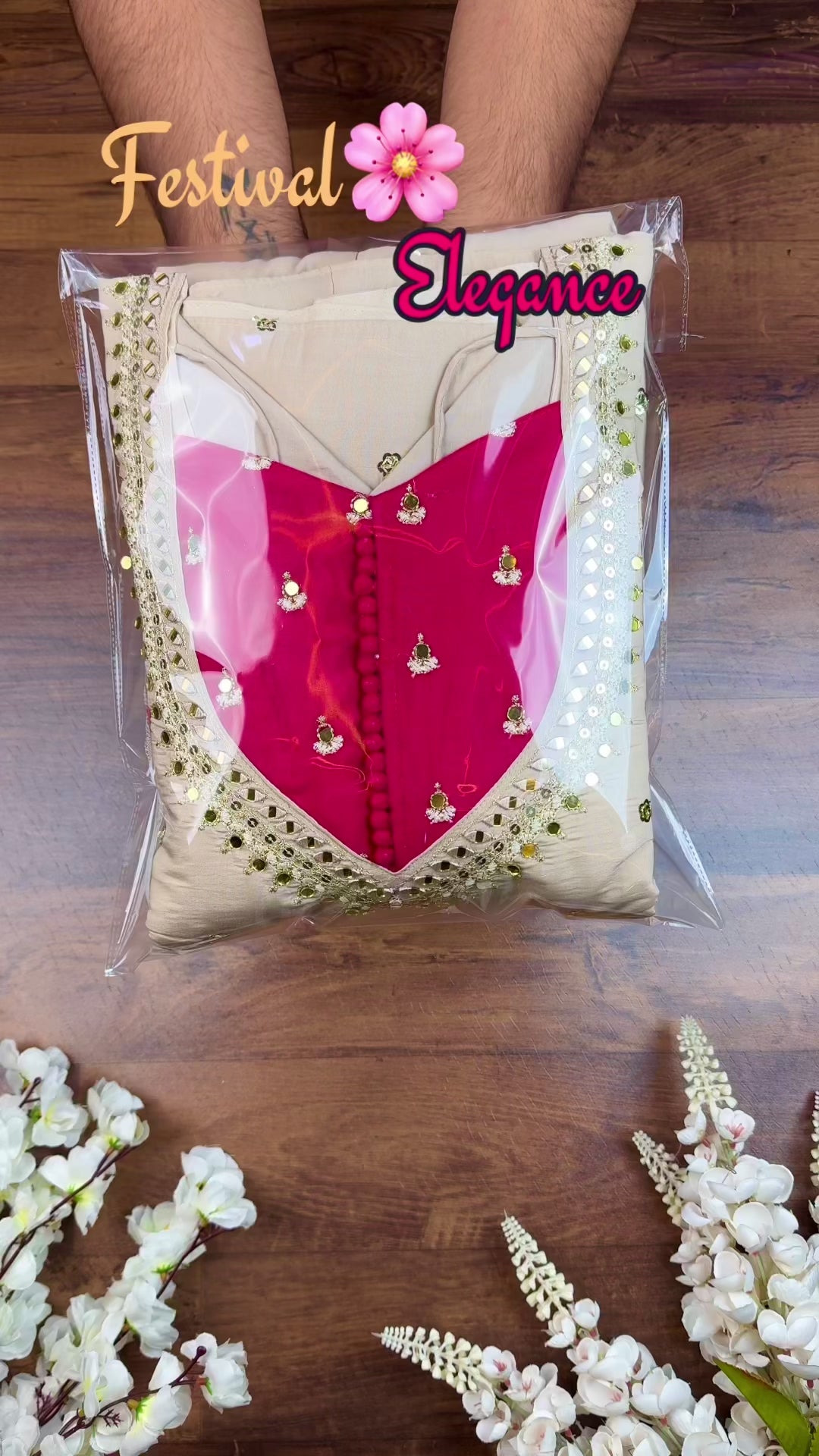 Beige Roman Silk Flared Anarkali Suit Set with Pink Dupatta