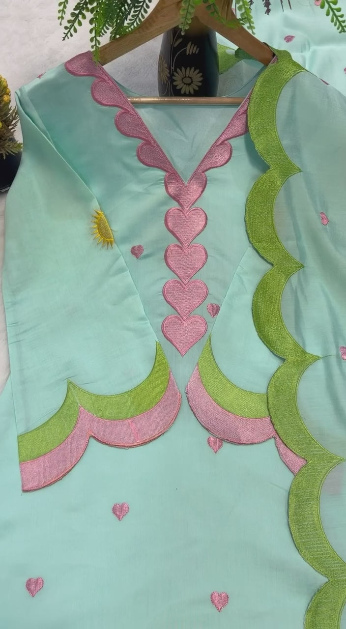 Pastel Aqua Cotton Farshi Salwar Kameez with Heart Motif Embroidery