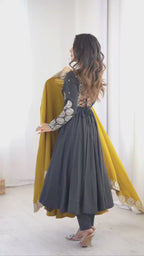 Festive Mustard Yellow Anarkali Gown with Embroidered Dupatta & Pants