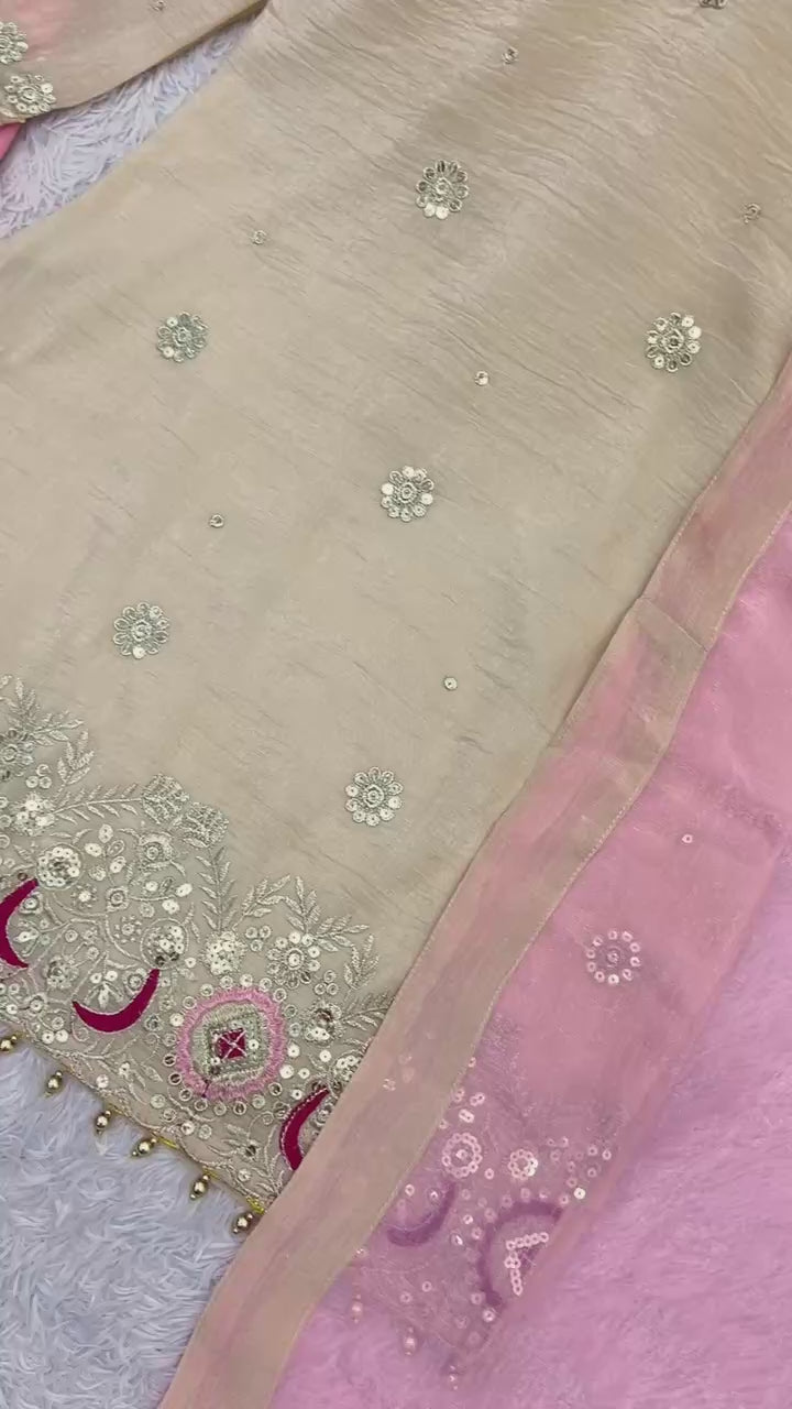 Off-White and Baby Pink Silk Sharara Suit Set with Sequin Embroidery