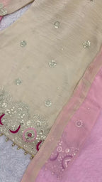 Off-White and Baby Pink Silk Sharara Suit Set with Sequin Embroidery