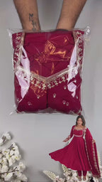 Maroon Roman Silk Embroidered Anarkali Suit Set with Scalloped Dupatta