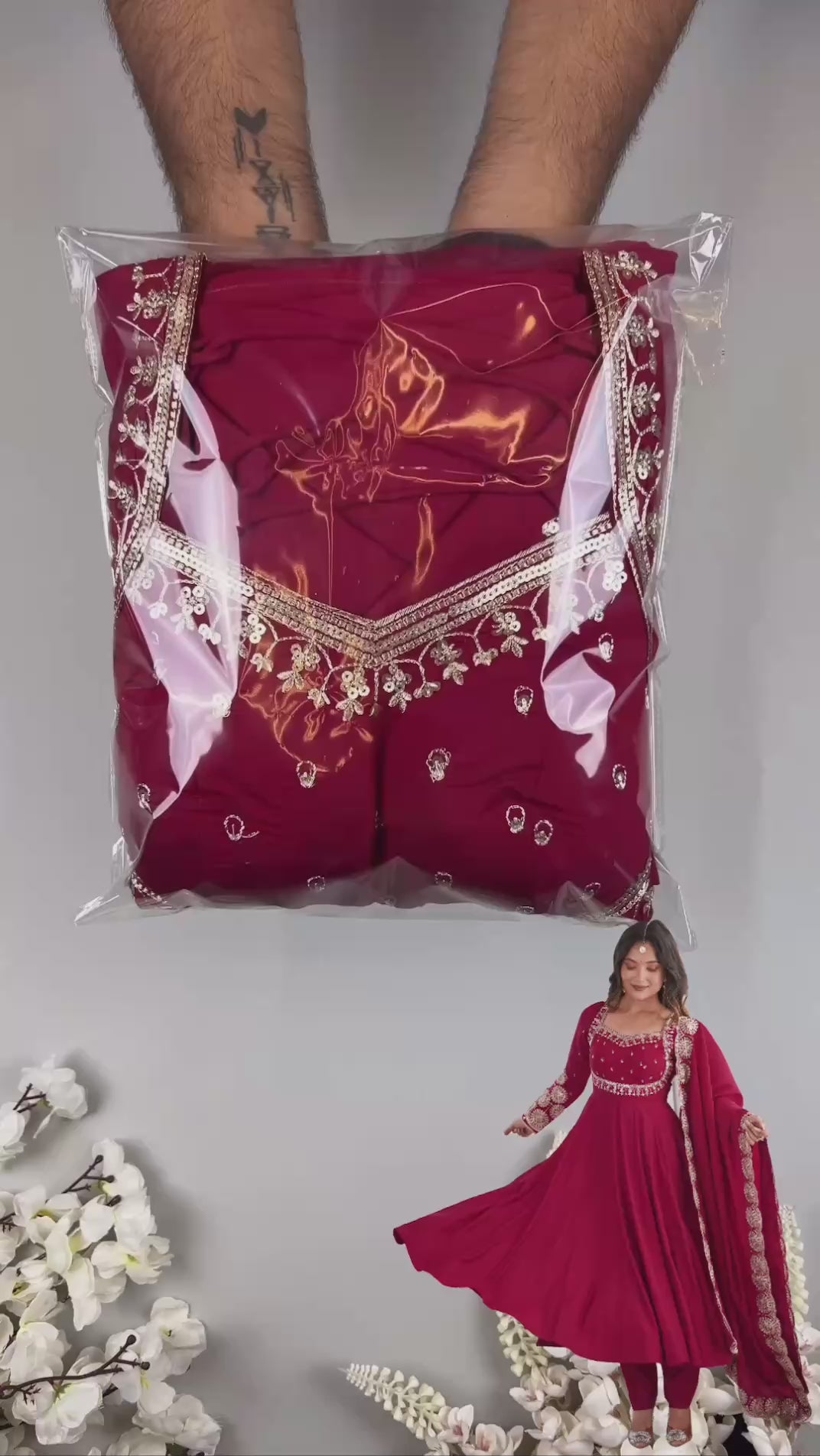 Maroon Roman Silk Embroidered Anarkali Suit Set with Scalloped Dupatta