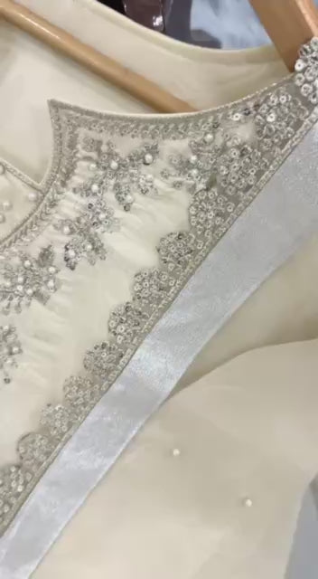 Cream Silk Blend Embroidered Kurta Farshi Salwar Set with Organza Dupatta