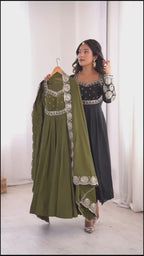 Olive Mehendi Green Roman Silk Embroidered Anarkali Suit Set with Dupatta