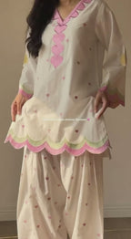 White Mal Chanderi Cotton Embroidered Farshi Salwar Suit Set with Scalloped Dupatta