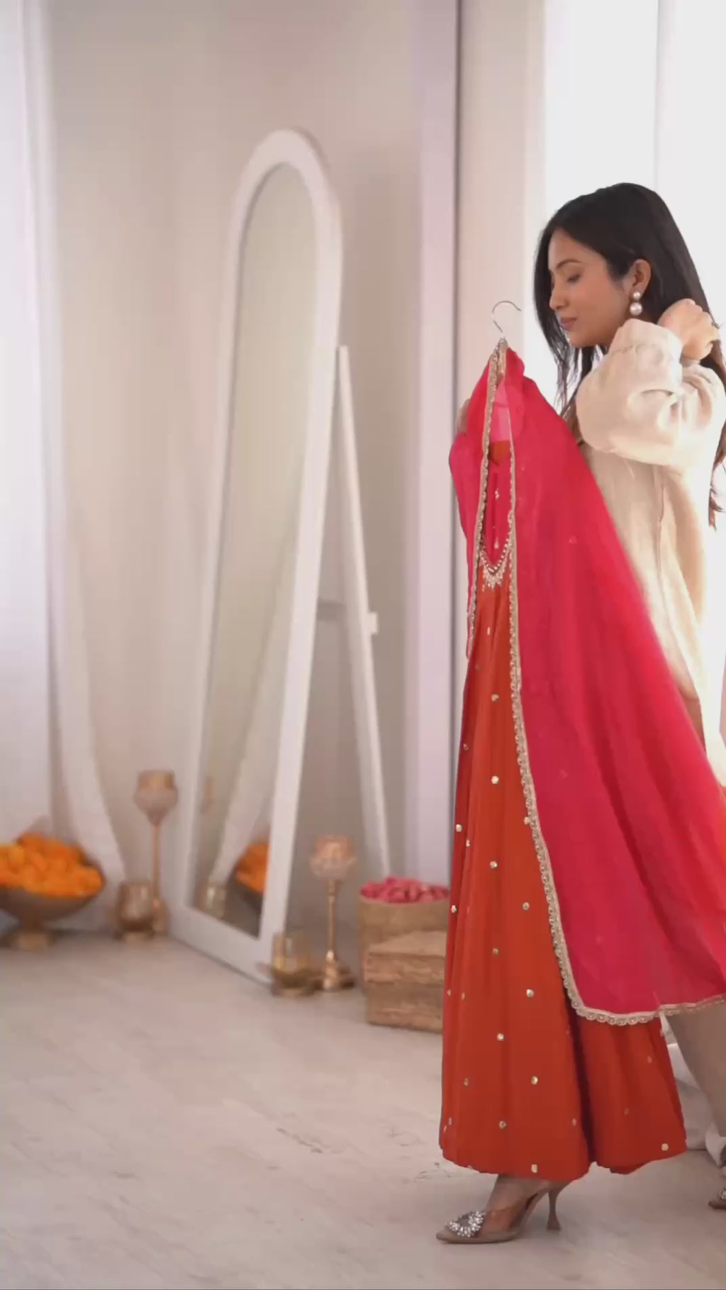 Rust Elegance Mirror-Work Silk Anarkali Suit
