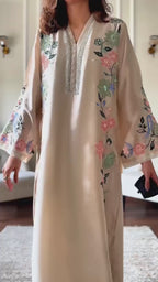 Luxury Cream Roman Glass Embroidered Oversized Long Kaftan Set