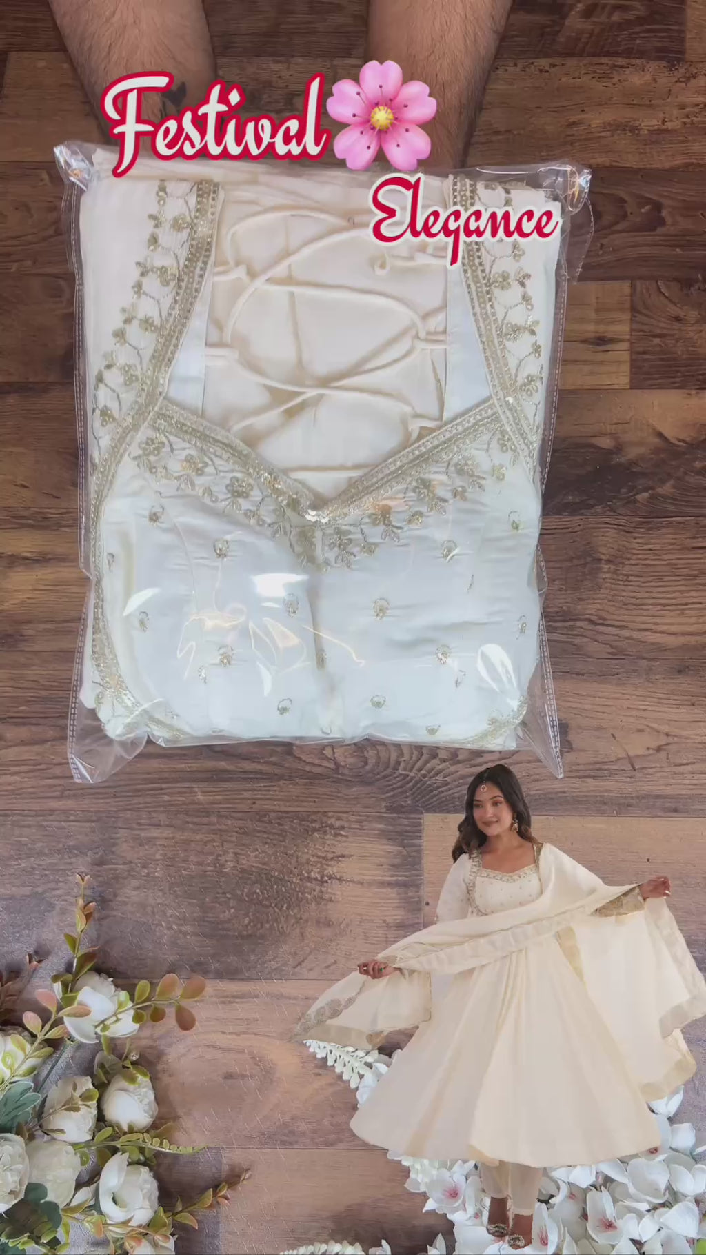 Ivory White Roman Silk Embroidered Anarkali Gown Suit Set with Dupatta