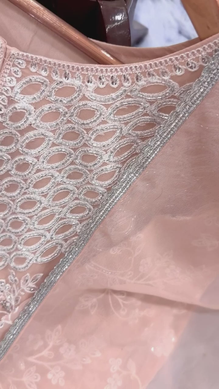 Soft Peach Embroidered Ethnic Suit Set with Flare Palazzo & Dupatta