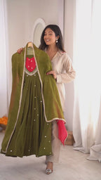 Olive Green Full Flared Mirror Work Anarkali Three-Piece Set