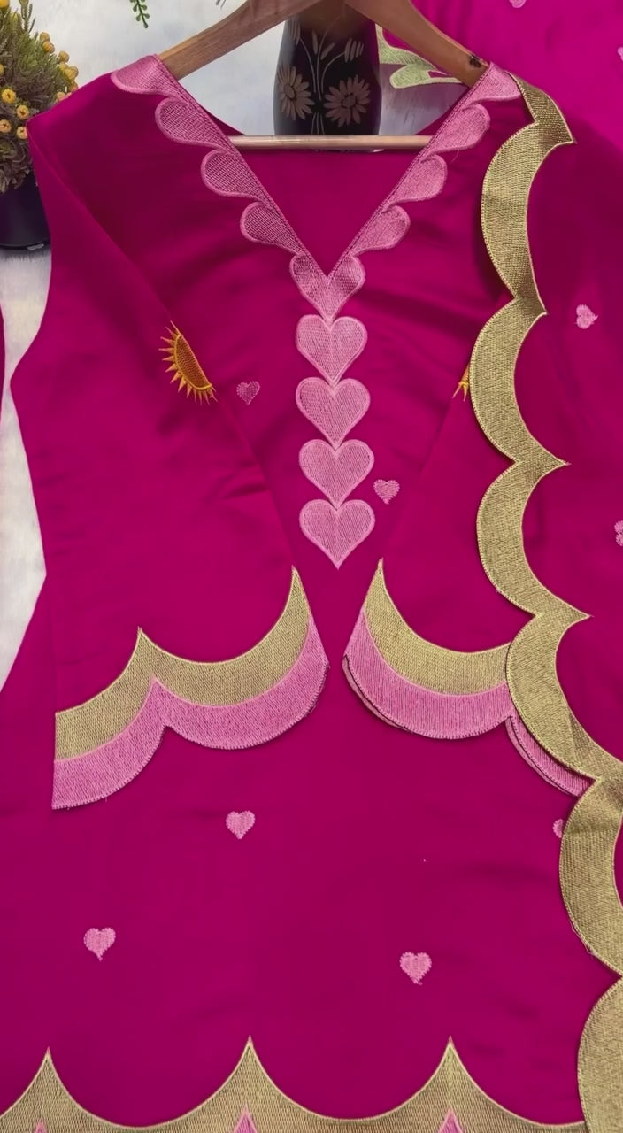 Rani Pink Heart Embroidered Salwar Kameez Set with Scalloped Border
