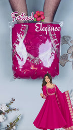 Women's Rani Pink Roman Silk Anarkali Suit Set with Embroidered Yoke and Scalloped Lace Dupatta