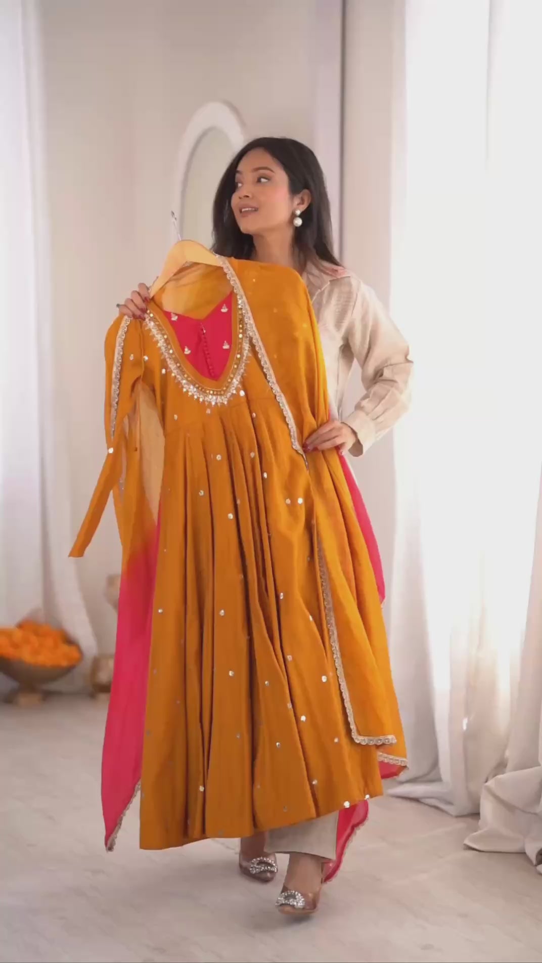 Mustard Roman Silk Mirror Work Anarkali Set