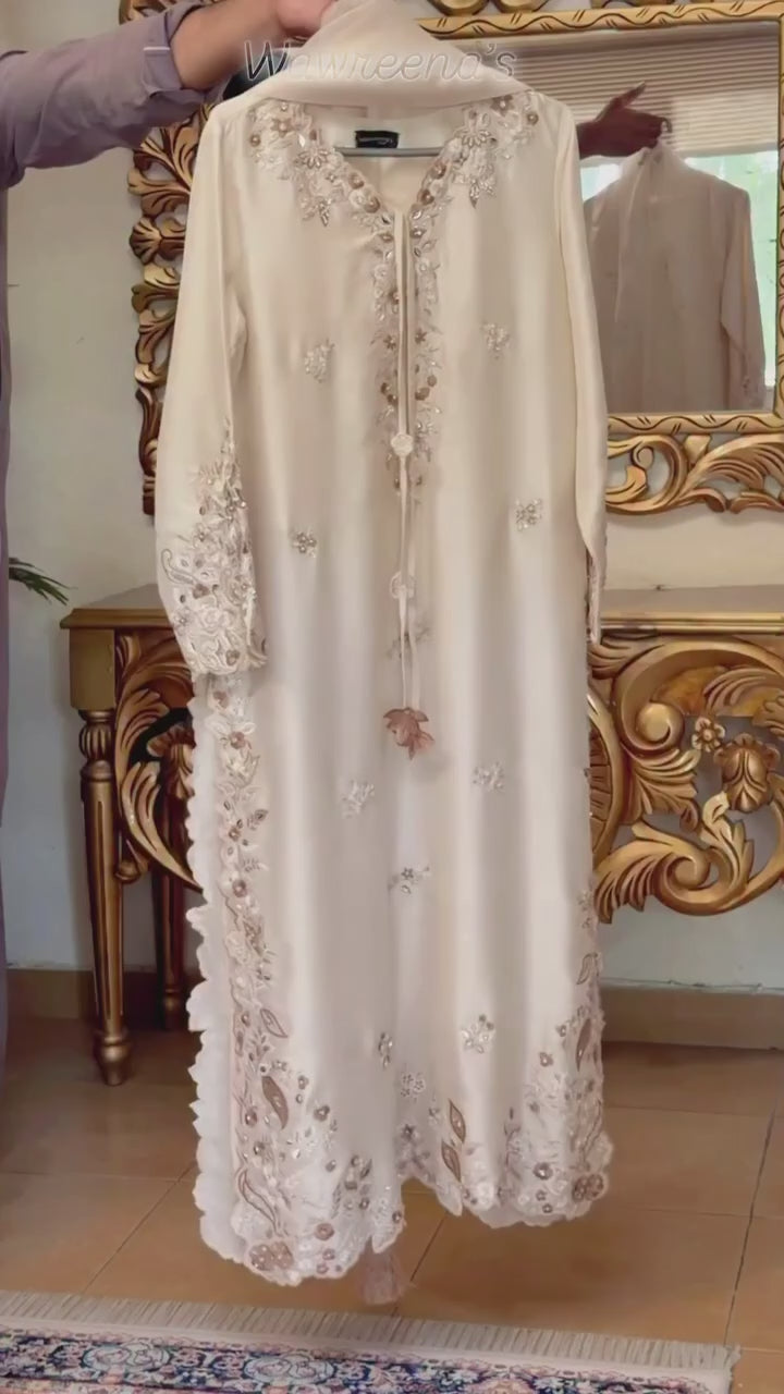 Ivory Roman Glass Embroidered Kaftan Salwar Suit Set with Organza Dupatta