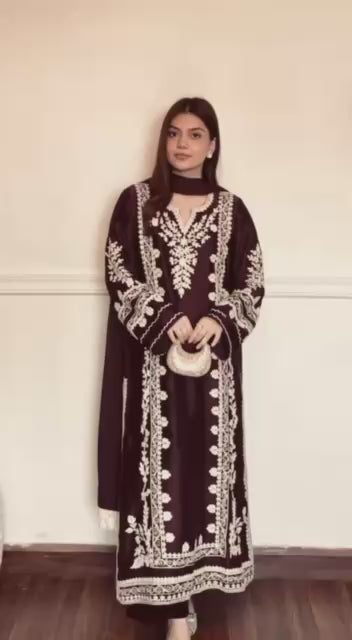 Wine Satin Rayon Embroidered Oversized Long Kaftan Set with Dupatta