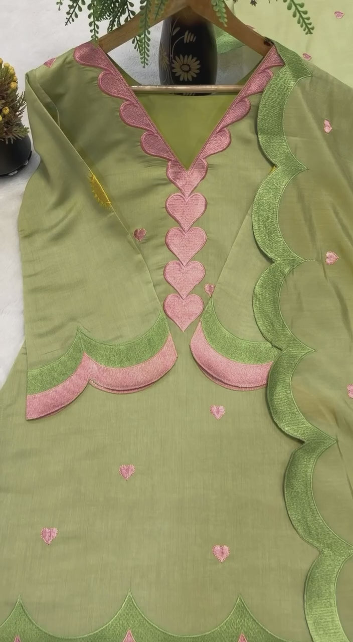 Pastel Green Chanderi Cotton Stitched Suit with Scallop Work