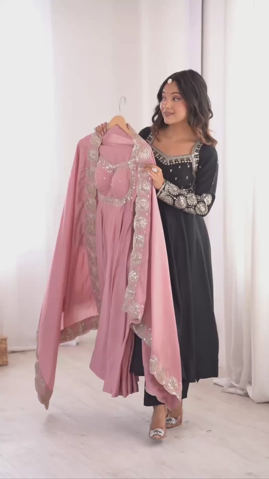 Blush Pink Embroidered Roman Silk Anarkali Suit Set