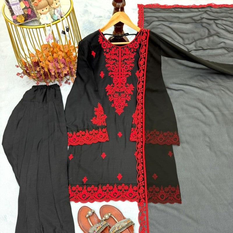 New Designer Party Wear Look Pure Rayon Cotton Top & Farshi Palazzo With Dupatta Set