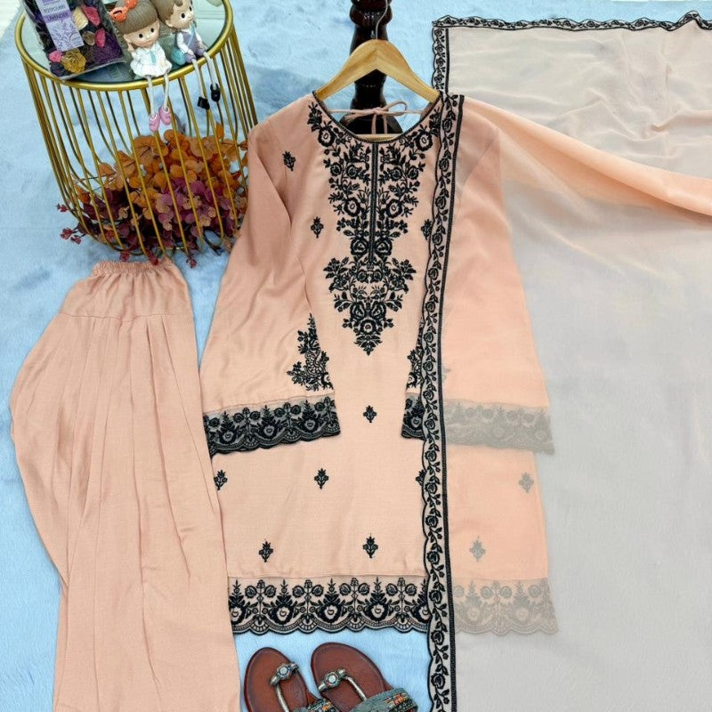 New Designer Party Wear Look Pure Rayon Cotton Top & Farshi Palazzo With Dupatta Set