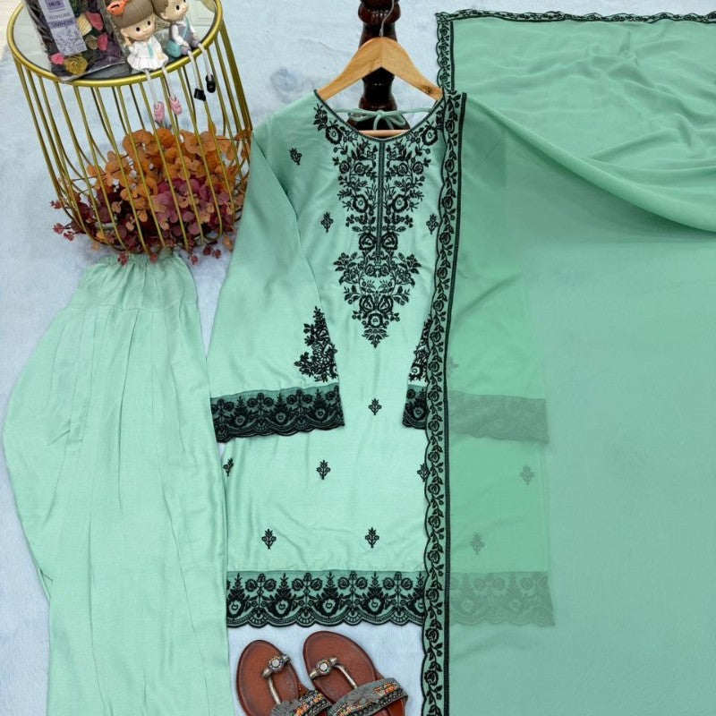 New Designer Party Wear Look Pure Rayon Cotton Top & Farshi Palazzo With Dupatta Set
