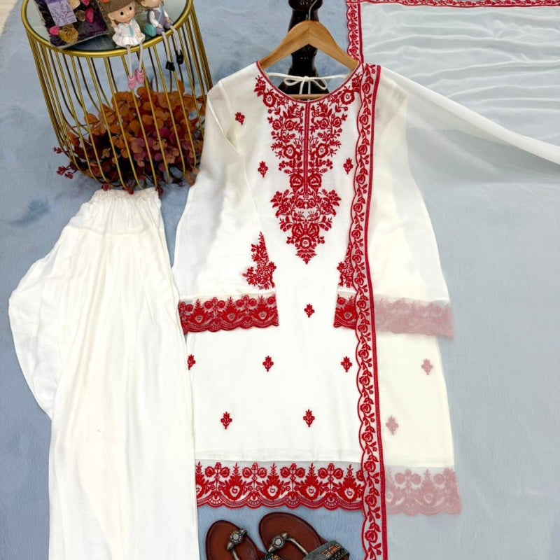 New Designer Party Wear Look Pure Rayon Cotton Top & Farshi Palazzo With Dupatta Set