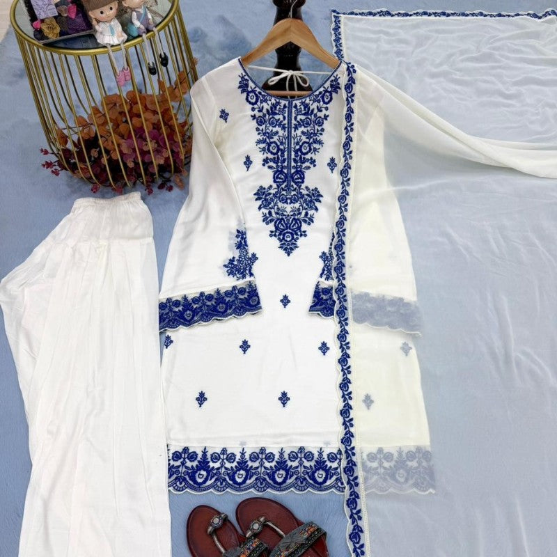 New Designer Party Wear Look Pure Rayon Cotton Top & Farshi Palazzo With Dupatta Set