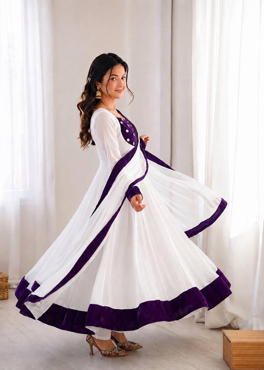 White Silk Blend Embroidered Flared Anarkali Gown Set With a Contrast Color Dupatta and Border