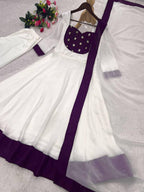 White Silk Blend Embroidered Flared Anarkali Gown Set With a Contrast Color Dupatta and Border